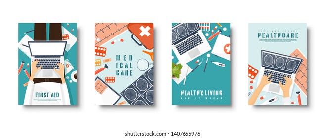 Medical flat style covers set. Health care, first aid, research, cardiology. Medicine and chemical engineering, pharmacy.