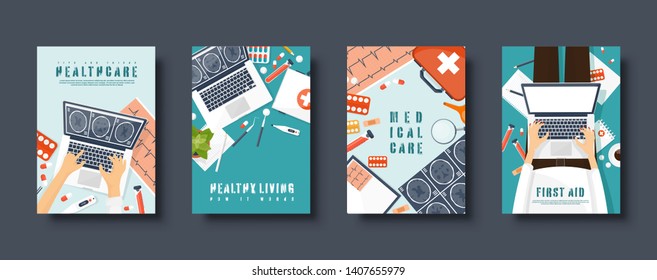 Medical flat style covers set. Health care, first aid, research, cardiology. Medicine and chemical engineering, pharmacy.