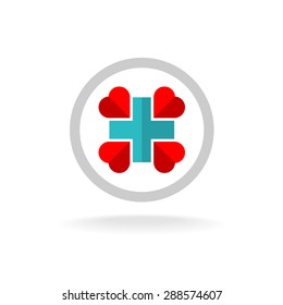 Medical flat style logo with blue green cross and red hearts in a gray circle