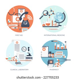 Medical flat vector background,health care,first aid.International health protection,insurance.Medicine and surgery.Vaccination,medical research program.Online health check,medical diagnosis,treatment