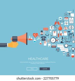 Medical flat vector background,health care,first aid.International health protection,insurance.Medicine and surgery.Vaccination,medical research program.Online health check,medical diagnosis,treatment