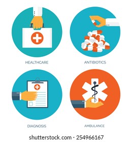 Medical flat vector background,health care,first aid.International health protection,insurance.Medicine and surgery.Vaccination,medical research program.Online health check,medical diagnosis,treatment