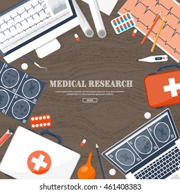 Medical flat vector background,health care,first aid.International health protection,insurance.Medicine and surgery.Vaccination,medical research program.Online health check,medical diagnosis,treatment