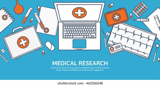 Medical flat vector background,health care,first aid.International health protection,insurance.Medicine and surgery.Vaccination,medical research program.Online health check,medical diagnosis.Line art