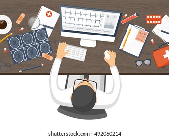 Medical flat vector background,health care,first aid.International health protection,insurance.Medicine and surgery.Vaccination,medical research program.Online health check,medical diagnosis,treatment