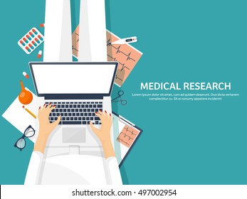 Medical flat vector background,health care,first aid.International health protection,insurance.Medicine and surgery.Vaccination,medical research program.Online health check,medical diagnosis,treatment