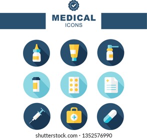 Medical Flat Vector Icons. Health care,first aid, medicine, surgery, vaccination. Good for hospital apps and web sites.