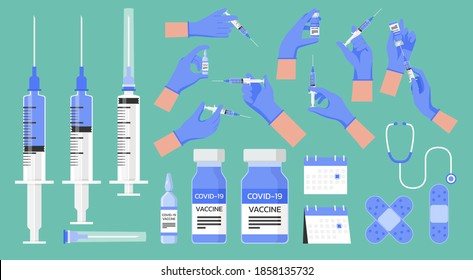 medical flu vaccination icons with stethoscope, plaster, ampoule vaccine, doctor hand wear glove holding syringe with needle shot for injection, vial of medicine for COVID-19, flat vector illustration