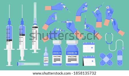 medical flu vaccination icons with stethoscope, plaster, ampoule vaccine, doctor hand wear glove holding syringe with needle shot for injection, vial of medicine for COVID-19, flat vector illustration