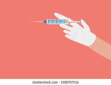 Medical flu vaccination shot concept of doctor holding syringe. Flat vector illustration style.