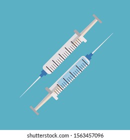 Medical flu vaccination shot concept with full and empty syringe. Flat vector illustration style.