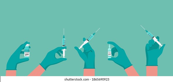 medical flu vaccination shot concept of doctor hand wear rubber glove holding syringe with needle and ampoules vaccine for the treatment of influenza coronavirus or COVID-19, flat vector illustration