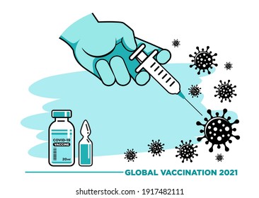 Impfung gegen die Grippe. Konzept des Arztes: Tragen Sie eine Gummihandspritze mit Nadel- und Ampullenimpfstoff zur Behandlung von Coronavirus oder COVID-19. Vektorgrafik