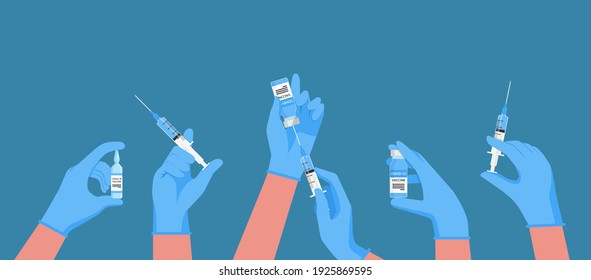 Medical Flu Vaccination Shot Concept Of Doctor Hands Wearing Rubber Glove Holding Syringe With Needle And Ampoules Vaccine For The Treatment Of Influenza Virus, Flat Vector Illustration