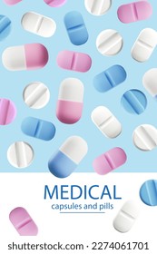 Medical flyer or banner template for website or social media with drugs and pills, realistic vector illustration. Medical preparations and pharmacy banner or poster.