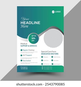 Medical flyer design with green or sky color combination