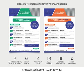 medical flyer design with a place for image, heath care flyer design, clinic flyer with rectangular shape, an image can be used in circle shape, two color variation, vector eps 10 version, a4 size