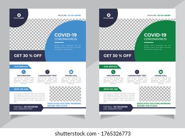 Medical Flyer design template, covid-19 coronavirus Health care cover, modern layout, Professional flyer in A4 with green, blue, colorful, shape design size a4 vector illustrator