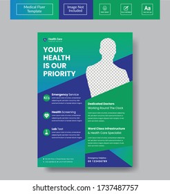Diseño de plantilla de diseño de volante médico para el diseño vectorial de Brochure, Annual Report, Magazine, Poster, Presentación corporativa, portafolio, volante, infografía, diseño moderno con el tamaño de color azul A4, frontal y posterior, 