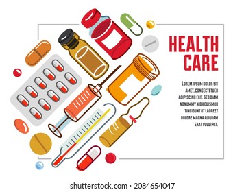 Medical flyer of pharmacy drugstore or medical clinic vector flat design, compositions of pills bottles and ampules isolated over white, health care and healing medicine theme design.