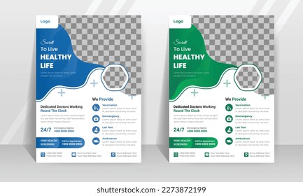 Medical flyer template with 2 gradient color variation. A4 size vector design.