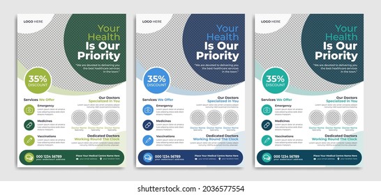 Medical flyer template design for healthcare service business marketing. Professional banner or poster for hospital, doctor, dentist, dental and health. Social media promotion abstract style cover.