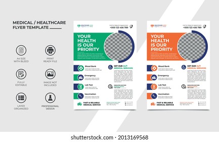 medical flyer template design with an image placement, two color variation. Orange, blue and green is used as base color, professional looking, organized, fully editable template. Vector eps 10