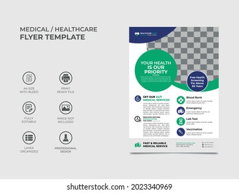 medical flyer template design with an image placement, blue and green is used as base color, professional looking, well organized, fully editable template. standard a4 size template, Vector eps 10.