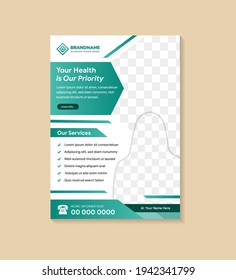 Medical Flyer Template, Healthcare Flyer Design with green gradient color isolate in white background. Space for photo.