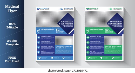 Medical Flyer Template | Healthcare Flyer | Poster, Brochure for Medical Business with Blue, Green Color vector illustration