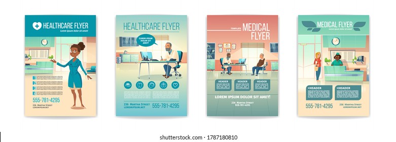 Medical flyers set. Health care service posters with people in hospital, clinic interior with receptionist on reception desk and senior patient visit doctor appointment. Cartoon vector illustration