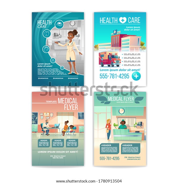 Medical flyers set. Health care service\
posters with people in hospital, clinic building and interior with\
receptionist on reception desk, patient on doctor appointment.\
Cartoon vector\
illustration