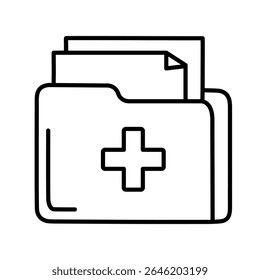 Medical folder line art icon isolated on white background. Minimalist vector illustration of a healthcare file or document folder, perfect for hospital records, patient history, clinic data, etc