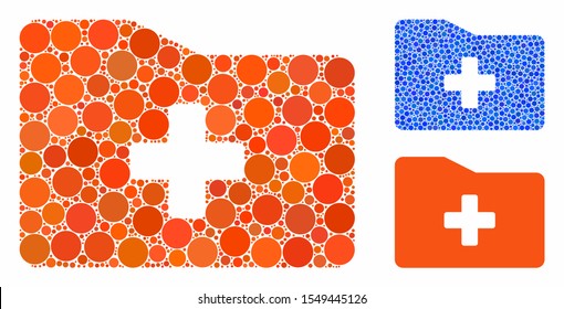 Medical folder mosaic of circle elements in variable sizes and color hues, based on medical folder icon. Vector circle elements are composed into blue collage.