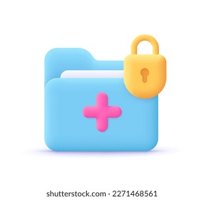 Medical folder and patient history file   lock  Medical data   documents security  patient data protection concept  3d vector icon  Cartoon minimal style 