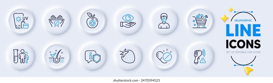 Medical food, Medical analyzes and Electronic thermometer line icons for web app. Pack of Health eye, Anti-dandruff flakes, Strawberry pictogram icons. Vegetables cart, Shield, Sunscreen signs. Vector