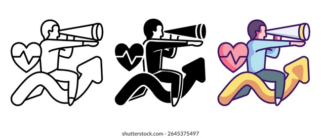 Medical forecast icon represented by human,heartbeat,telescope Line, Filled, Color style.