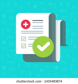 Medical form check list with results data and approved check mark vector icon, flat cartoon clinical checklist document with checkbox, insurance or medicine service concept