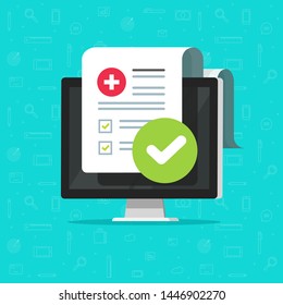 Medical form check list with test results data and approved check mark online vector icon, flat cartoon computer and clinical checklist document report checkbox, insurance or tele medicine service