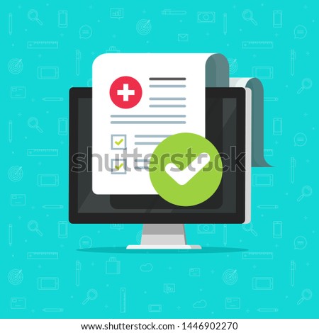 Medical form check list with test results data and approved check mark online vector icon, flat cartoon computer and clinical checklist document report checkbox, insurance or tele medicine service