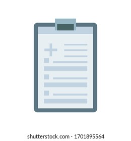 Medical form with diagnosis in vector flat style illustration isolated on white background. Prescription report clipboard file. Design for clinics, hospital, banner