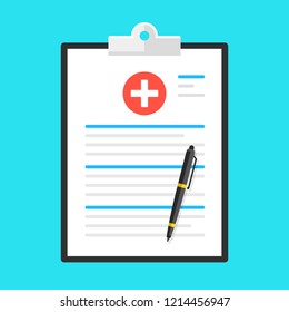 Medical form, health insurance. Medical clipboard with pen. Flat design. Vector illustration