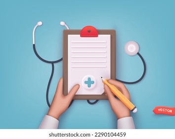 Medical form list. 3d first aid medicine with check list for health pharmaceutical. 3D Web Vector Illustrations.