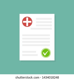 Medical form list with results data and approved check mark vector illustration, flat cartoon clinical checklist document with checkbox, insurance or medicine service concept, prescription record