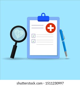 Medical form list with results data and approved check mark vector illustration, flat cartoon clinical checklist document with checkbox, insurance or medicine service concept, prescription record