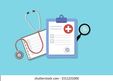 Medical form list with results data and approved check mark vector illustration, flat cartoon clinical checklist document with checkbox, insurance or medicine service concept, prescription record