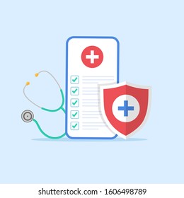 Medical form list with results data and approved check mark on mobile phone vector, flat cartoon clinical checklist document with checkbox on smartphone, electronic online insurance, medicine service