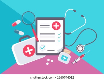 Medical form list with results data and approved check mark vector illustration, flat cartoon clinical checklist document with checkbox, insurance or medicine service concept, prescription record