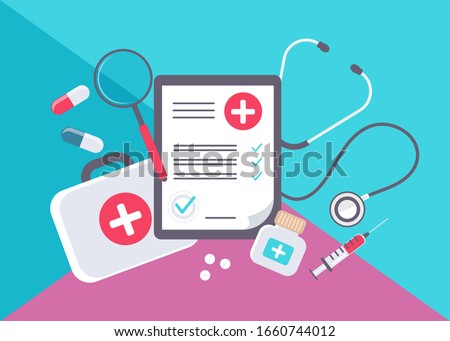 Medical form list with results data and approved check mark vector illustration, flat cartoon clinical checklist document with checkbox, insurance or medicine service concept, prescription record