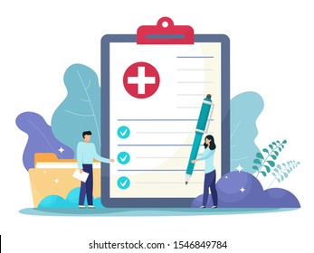 Medical form, medical report. Characters.Clipboard with a cross, pen and check marks. Informed consent, prescription, application form, health insurance, medical history concepts. Vector cartoon flat